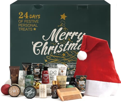 BODY & EARTH adventskalender 2025 män 24 st julklappar till honom nedräkningskalendrar presentset inkluderar skäggvård, duschgel, bubbelbad, kroppslotion julklappar till far