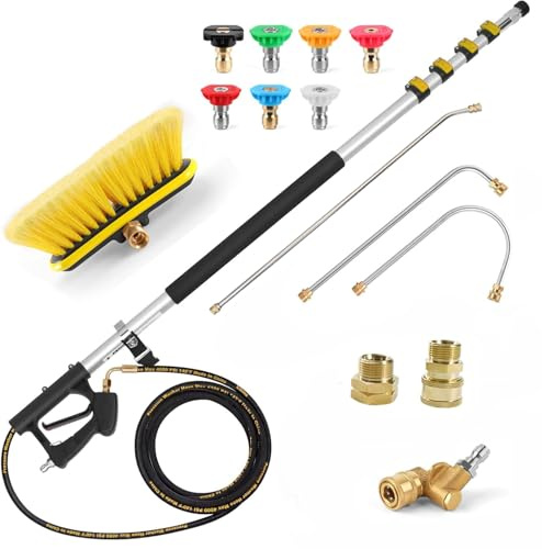 Hanured® Bâton télescopique pour nettoyeur haute pression 6,4M, avec tête de brosse, 2 adaptateurs et 7 buses de pulvérisation, pour mur, toit et gouttière