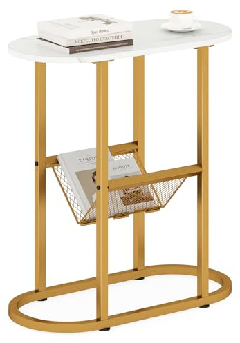 COSTWAY Tavolo da Salotto a 2 Livelli, Tavolino Ovale Stretto con Struttura di Metallo Robusta, Ripiano di Rete Metallica, per Soggiorno e Camera da Letto, 60 x 28,5 x 64 cm (Bianco + Oro)
