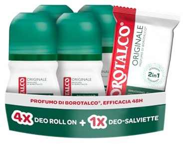 Borotalco, Kit con 4 Deodoranti Roll On e Deo-Salviette, con Talco Vegetale e Molecole Anti‑Odore, Azione Detergente e Deodorante, Durata 48h, Senza Alcol, 4x150 ml, 12 Salviette - Esclusiva Amazon