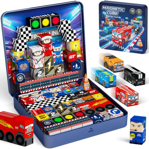 STEM MATCH Lot de 48 blocs de construction magnétiques pour garçon - Avec boîte en métal - Aimants puissants N32 pour un maintien sûr sur les trajets en voiture cahoteux - Jouet de voyage pour garçons