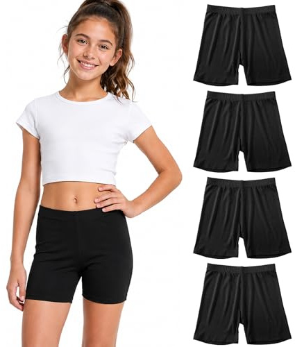 SCCGKP 4 Pack Girls Cycling Shorts Comfortable Dance Bike Gymnastic PE Shorts Breathable Under Dress Leggings for Teen Kids Age 4-14 (13-14 Years, 4 Black)