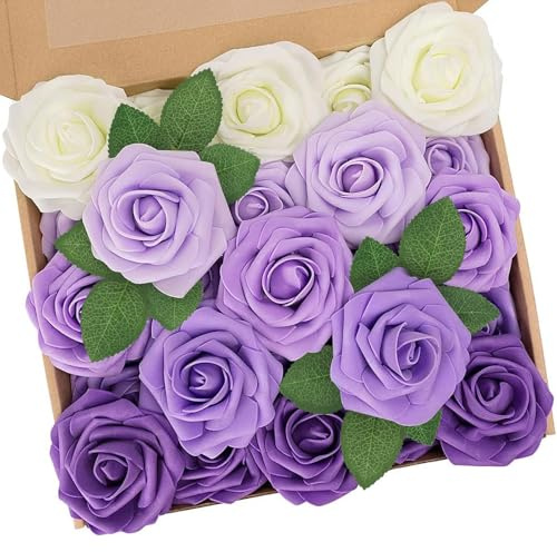N&T NIETING Artificial Flowers, 25pcs Fake Flowers Rose with Stems Perfect for DIY Wedding Bridesmaid Bridal Bouquets Centerpieces Home Flower Arrangement Mother's Day Decoration, Series Purple