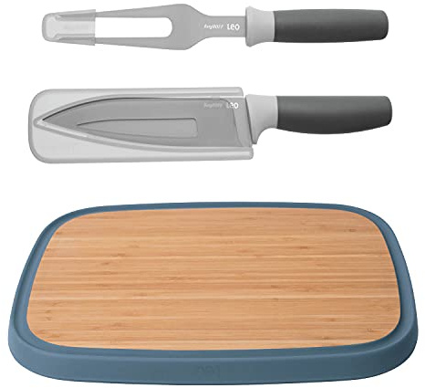 Berghoff 3950195 Set tabla de cortar, cuchillo, tenedor de trinchar, madera color azul