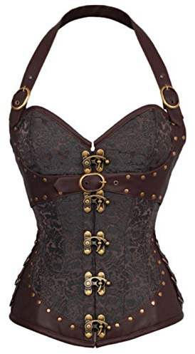 KUOSE Dam fuskläder gotisk steampunk baskiska bustier formkläder spiral stål benad korsett topp, Brun, 10-12