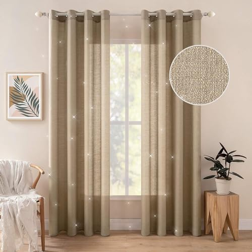 MIULEE Vorhang Gardine 2er Set Voile Vorhänge Sheer Leinenvorhang Dekoschal mit Ösen transparent Farbverlauf Ösenschal für Wohnzimmer Schlafzimmer Kinderzimmer 140x215 cm (B x H) Goldbraun