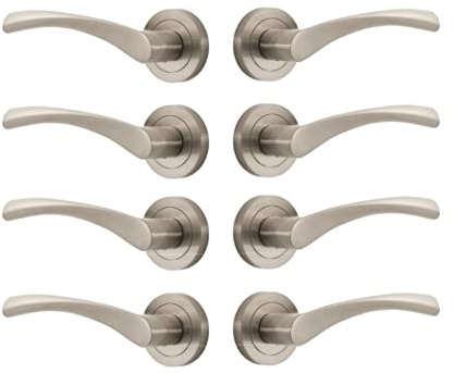 Designer Levers - Marvel Lever On Rose Door Handles Pair in Brushed Nickel Finish - 4 Pair - Interior Use Door Handle - Round Modern Design