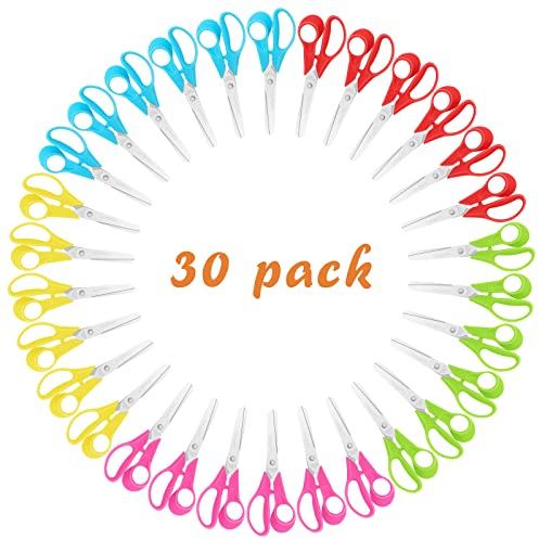 Uaugulft Forbici per bambini con lame a punta smussata in acciaio inossidabile e manico ergonomico, ideali per scuola e aule, colori multipli, 12,7 cm, confezione da 30