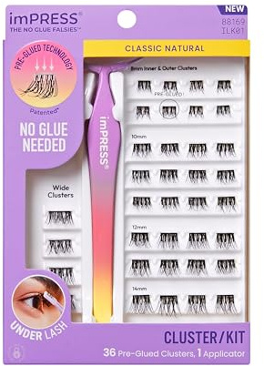 KISS imPRESS Falsies Press On Self Adhesive Eyelashes, 12mm-14mm Natural Volume Press On Lashes, Black, No Glue Needed, Invisible Band, 20 Lash Clusters & Non-Stick Applicator - Natural