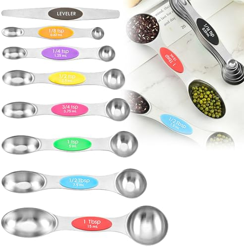 Nizirioo Magnetische Messlöffel Set Edelstahl: 8 Stück Stapelbare Doppelseitige Teelöffel Esslöffel für Messen von Trockenen und Flüssigen Zutaten für Kochen von Küchen