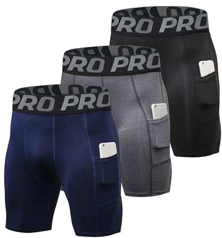 YUSHOW 3 Piezas Pantalones Cortos de Compresion Hombre Mallas Cortas Running con Bolsillo Deportes Secado Rápido Atlético Gym