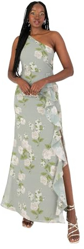 Anaya with Love Dam maxiklänning dam ärmlös one-shoulder asymmetric split vattenfall ruffel A-linje brud bröllopsgäst prom klänning dam, Blommig salviagrön, 38