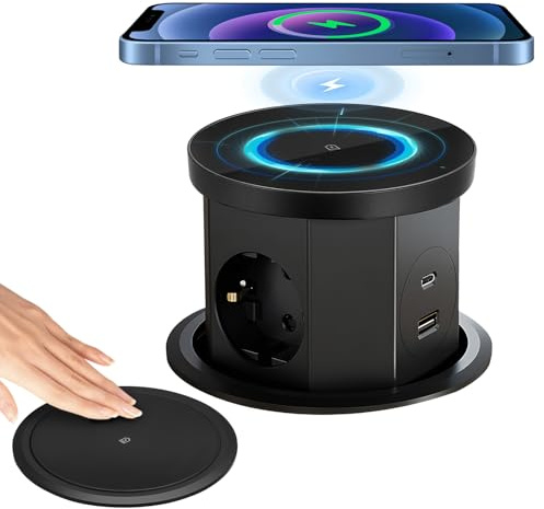 Multipresa a Scomparsa, Presa a Scomparsa Ciabatta Multipresa da Scrivania 3 Prese e 1 USB C 1 USB A, Protezione Contro le Sovratensioni Ciabatta con Caricatore Wireless per Viaggi in Ufficio 2500W
