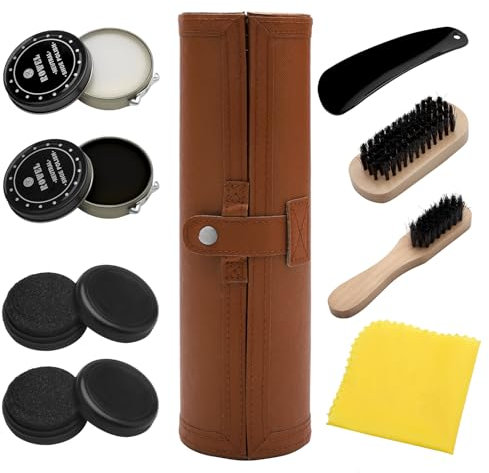 DAKLUNAR Kit per la pulizia e la cura della lucentezza delle scarpe, set per la cura della pelle marrone nera Lustrascarpe Shoe Polish & Care Kit con Elegante Custodia in pelle PU