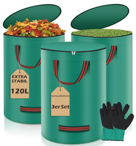 Miaglury Lot de 3 sacs à déchets de jardin de 120 l avec gant, sac à feuilles, sac de jardin avec couvercle et 4 poignées, solides, autoportants, sacs à déchets de jardin, sacs à déchets verts pour