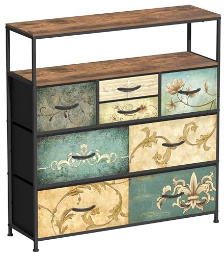 VEDECASA Kommode mit 8 Schubladen aus Stoff,Böhmische Schminktisch,TV Schrank Stand für Schlafzimme, Sideboard mit Holzplatte Stoffschubladen Metallgestell,für Wohnzimmer Schlafzimmer Flur