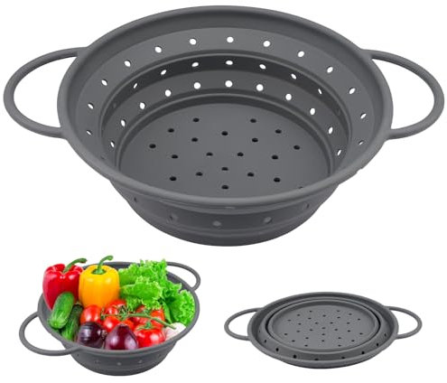 Passoire Pliable Silicone Sans BPA,Passoire Cuisine Pliable,Passoire Retractable Pliable avec Poignée,Lavable au Lave-vaisselle, Égouttoir Pliable Silicone pour Dérener Pâtes, Légumes, Fruits, Gris
