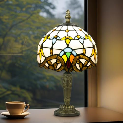 Crefotu Small Tiffany Style Table Lamp, 3 Color Temperatures Bedside Lamp, 8 Inch Stained Glass Desk Light for Home Office Bedroom Living Room (Beige Baroque)