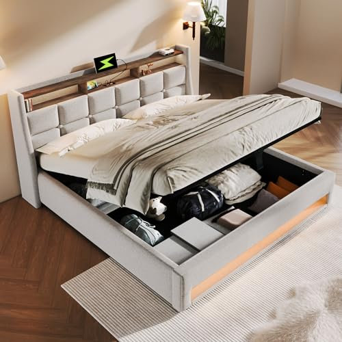 Zenithpath Bett 180x200cm Bett mit Stauraum, Boxspringbett Polsterbett mit LED Kopfteil/USB Ladefunktion Doppelbett mit Bettrahmen/Kopfteil/Lattenrost, ohne Matratze (Beige, 180×200cm)