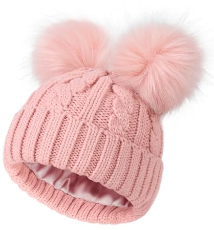 Creekstone Bommelmütze Kinder, Satin-gefüttert, Wintermütze Babys, Jungen, Mädchen, warme Beanie mit doppelten Pom Pom, 1–7 Jahre (DE/NL/SE/PL, Alter, Einheitsgröße, Rosa)
