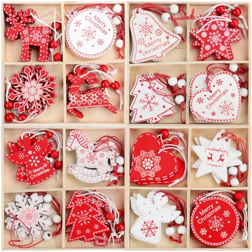 48 Pezzi Decorazioni Albero di Natale in Legno, 16 Modelli Addobbi Natalizi Con Corda, Ornamenti da Appendere Adatto DIY Decorazioni Natalizie, Pendenti Ornamenti Natalizie Rosse Bianco