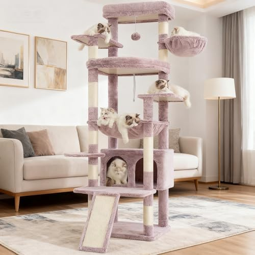Heybly Kattklätterträd 202 cm - Stort Kattklättringsträd med 2 Extra Stora Plattformar, Kattkoja, Korg, Sisalrep, Klösbräda & Hängmatta för Vuxna Katter i, Brun beige Färg HCT038MU