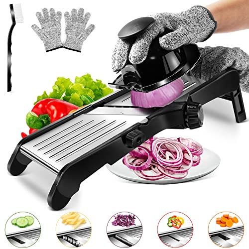 Eukue Mandoline Gemüsehobel, 5 in 1 Edelstahl Küchenhobel mit Schnittfesten Handschuhen, Verstellbar Gemüseschneider Profi für Obst, Kartoffeln, Gurken - Senden 1 Reinigungsbürste