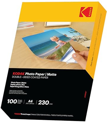 KODAK Photo Paper (A4) Matte Double-Sided - 210x297mm - 230gsm - 100 Sheets | Universally Compatible with HP, Epson, Canon Inkjet Printers, Thick & Sturdy, Ideal for Premium Documents & Reports