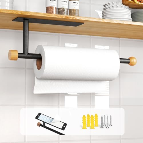 Zivacate Portarrollos de Cocina sin taladrar, [Acentos Estéticos de Madera] Porta Rollos Papel Cocina Pared, Soporte Rollo Papel Cocina, Portarrollos de Pared (Negro Mate)