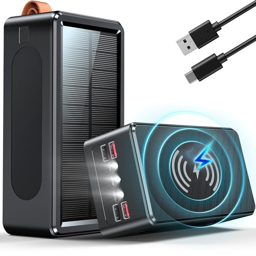 90000mAh Power Bank solare con Ricarica Rapida 35W PD QC 3.0, 6 Uscite USB C Display LED e Torcia SOS, Wireless Batteria Esterna Portatile per Smartphone Tablet Viaggi e Attività Outdoor