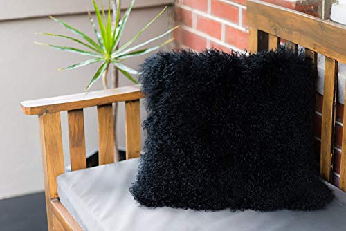 Housse de coussin en peau de mouton de Mongolie, Laine, Noir , 40 x 40