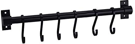 WONMILLE Gourmet Kitchen Utensil Rack with 6 Hooks, Wall Mounted Rail Wrought Iron Hanging Utensil Holder Rack with Removable S Hooks 16 Inch (Black-6 Hooks)