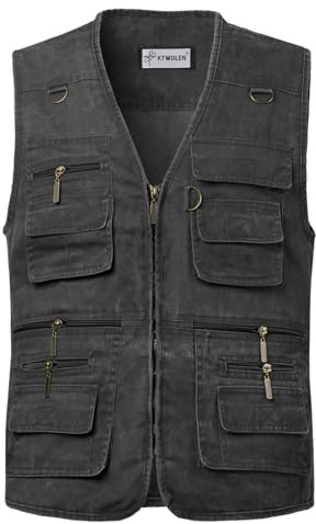 KTWOLEN Mens Fishing Gilet Waistcoat Safari Multi Pocket Dog Training Vest Hunting Hiking Vest Sleeveless Jacket Outdoor Photography Gilet, Black, S