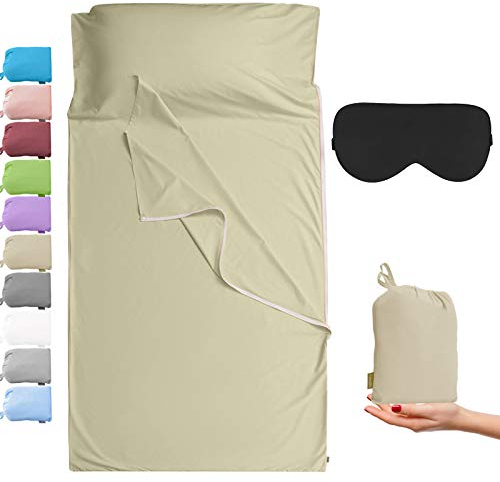 Baumwolle Hüttenschlafsack mit durchgängigem Reißverschluss: Leichter Komfort Reiseschlafsack - Sommer Schlafsack Innenschlafsack Inlett Inlay (180 x 220 cm, Kamel)