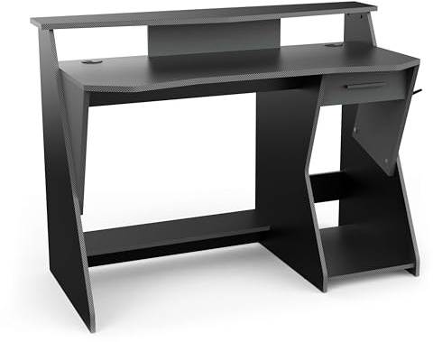 Miroytengo Mesa Gaming Skin en Color Gris y Negro con 1 Cajón y 1 Gancho para los Cascos 90x124x60 cm