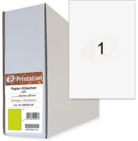 Universal Etiketten 210 x 297 mm weiß selbstklebend bedruckbar - DIN A4 Bogen à 1x1 210x297 Papier Labels/Haftetiketten - 3478 6119 4631 Klebeetiketten (500)