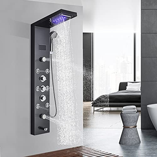 TVTIUO Columna Ducha Hidromasaje,Panel de Ducha Hidromasaje Negro Set de Ducha con Pantalla LCD Ducha de Mano y 5 modos de Chorro Hidromasaje,Sistema de Ducha de Acero Inoxidable para Baños