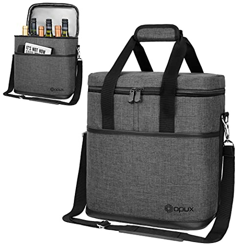 opux 6 Bottle Carrier Tote | Insulated Padded Wine Cooler Bag for Travel. Picnic, BYOB | Portable Leakproof Wine Tote Bag for Dinner, Party, Christmas, Wine Gift for Women, Men (Charcoal Gray)