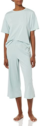 Amazon Essentials Women's Cotton Modal Knit Jersey Capri Pajama Set, Soft Sleepwear, Wide Leg Loungewear, Dusty Blue, Medium