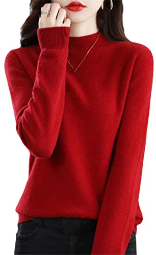 Suéter de lana merino 100% suéter de una línea listo para usar para mujer con cuello simulado jersey de punto Tops sólidos, granate, S