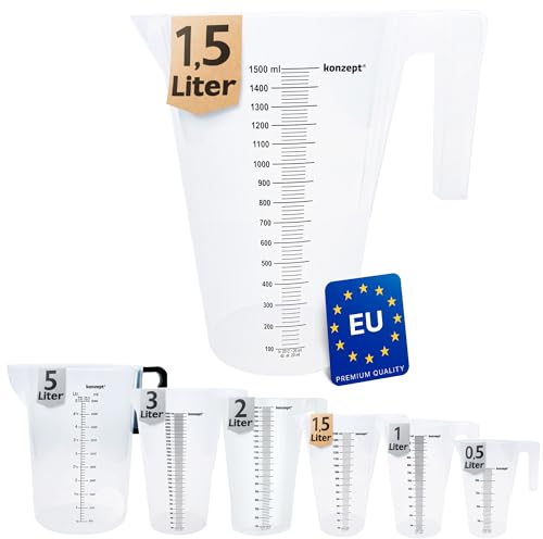 KONZEPT Verres doseurs 1,5 Litres, Plusieurs tailles disponibles, Parfait pour la cuisine, le jardin, l'atelier, Transparent, Plastique résistant, Mesure empilable
