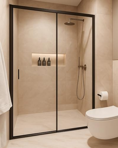 Porte de douche en niche porte coulissante anti-calcaire profils noirs h195 6mm AGATA - 112