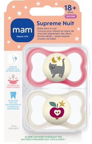 MAM | Supreme Night Schnuller 18+ Monate (2 Stück) Zufällige Farbauswahl - Leuchtender Säuglingssauger aus Silikon - idealer Babyschnuller für eine gute Mundentwicklung
