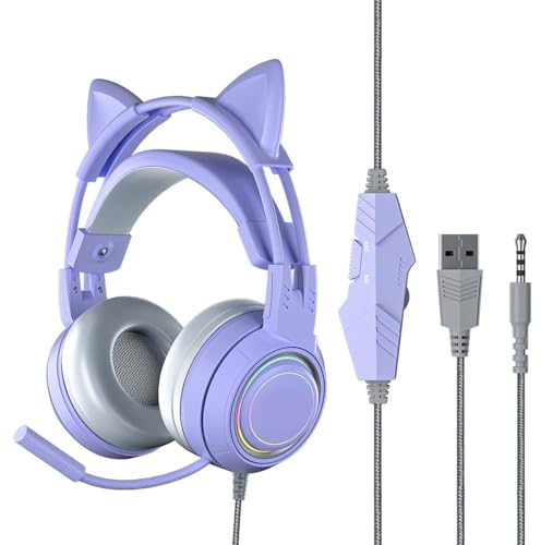 VBESTLIFE Auriculares con Orejas de Gato con Micrófono con Cancelación de Ruido, Auriculares para Juegos con Cable sobre la Oreja con Orejas de Gato Extraíbles, para PC, Xbox One, PS4, PS5