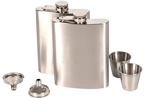 2 petacas de acero inoxidable y embudo y vasos de acero inoxidable, 227 ml, adecuado para llevar alcohol para licor y alcohol de todo tipo