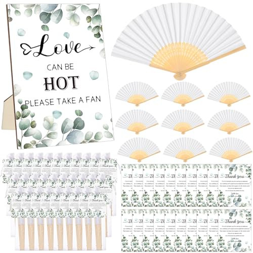 109Pcs Wedding Fan Gifts for Guests White Paper Handheld Fan with 36 Organza Bags 36 Cards 1 Wedding Table Sign, Wedding Foldable Hand Fan Bamboo Handheld Folded Fan Handheld Wedding Favor Fan