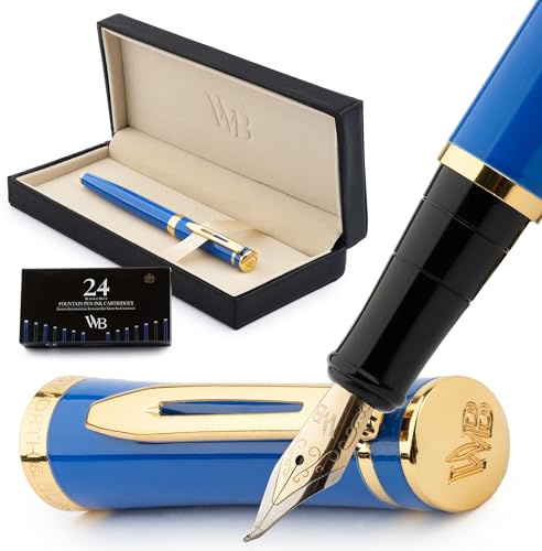 Wordsworth och svart reservoarpennset, böjd spets, inkluderar 24-pack bläckpatroner, bläckpåfyllningsomvandlare och presentask, kalligrafi, [Imperial Blue], perfekt för män och kvinnor