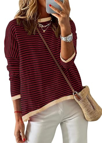 Cuptacc Tröja Dam Elegant Randad Sweatshirt Rund Hals Avslappnad, Burgund, L