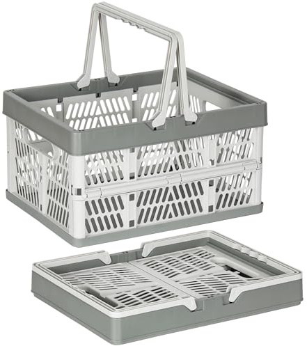 PAG-Mass Caisses de rangement pliables en plastique empilables avec poignées - Panier à provisions pliable adapté pour la cuisine de la salle de bain et la salle de classe - Gris