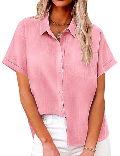 Niwicee Blusas Mujer Verano Camisa Manga Corta Cuello en V Botón Camisa Casual de Algodón Camisas Básicas de Color Sólido Elegantes Camisa Suelta con Cuello de Solapa y Bolsillo